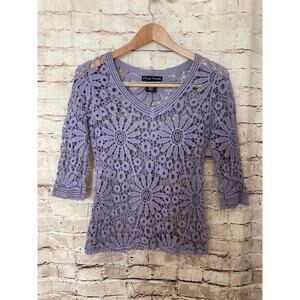 Simply Irresistible Shirt Womens Medium Purple Crochet Sheer Boho Prairie Cotton